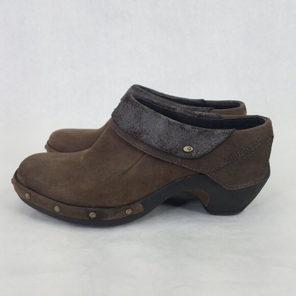 Merrell Luxe Wrap Mule Women's 6 Brown Suede Leather Clog Metal Rivets Cone Heel - Picture 6 of 16